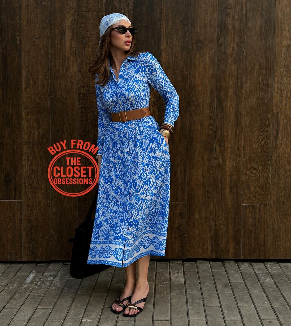 Zara NWT Blue White Printed Belted Midi Shirtdress M